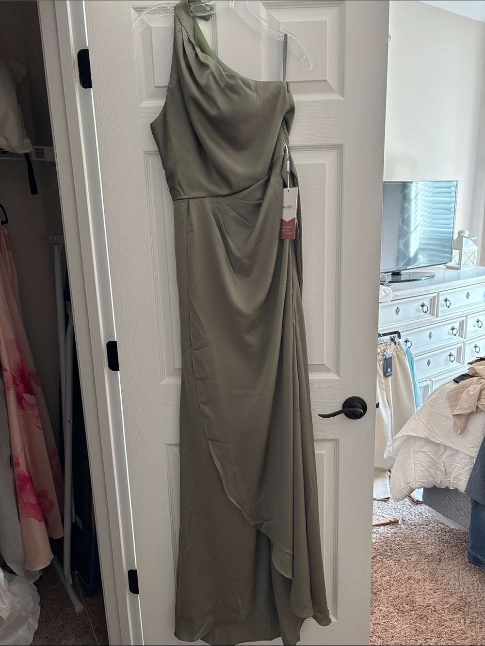 One-Shoulder Olive Green Evening Dress